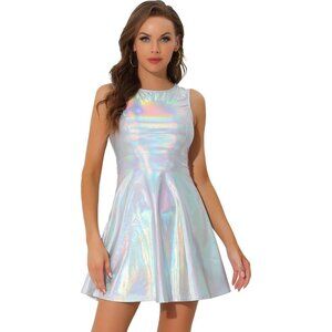 Women's Metallic Sleeveless High Waist Club Party Disco Holographic Dress